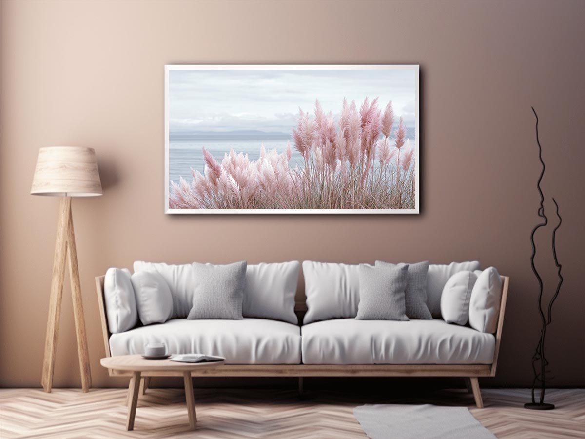 Blush coastal grass canvas art for soft beach bedroom decor.