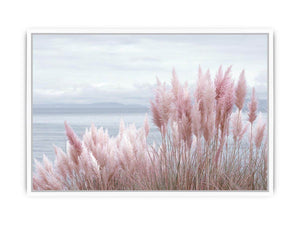 Blush coastal grass canvas art for soft beach bedroom decor.
