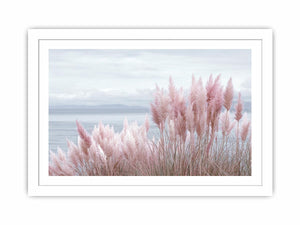 Blush coastal grass canvas art for soft beach bedroom decor.