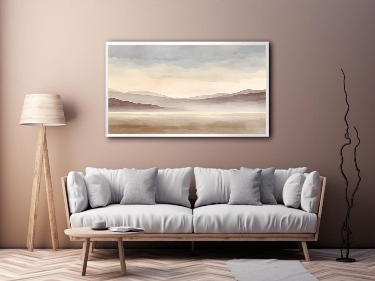 Soft blush watercolor landscape canvas art for peaceful bedroom decor.