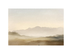 Warm neutral mountain canvas art with fog for modern bedroom decor.