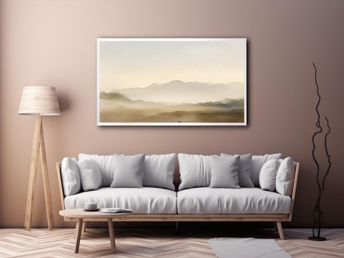 Warm neutral mountain canvas art with fog for modern bedroom decor.