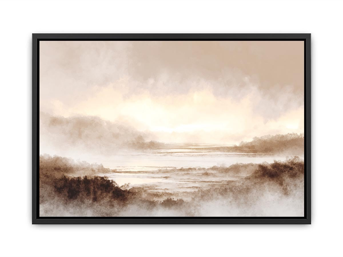 Misty valley landscape canvas print for warm traditional living room decor.