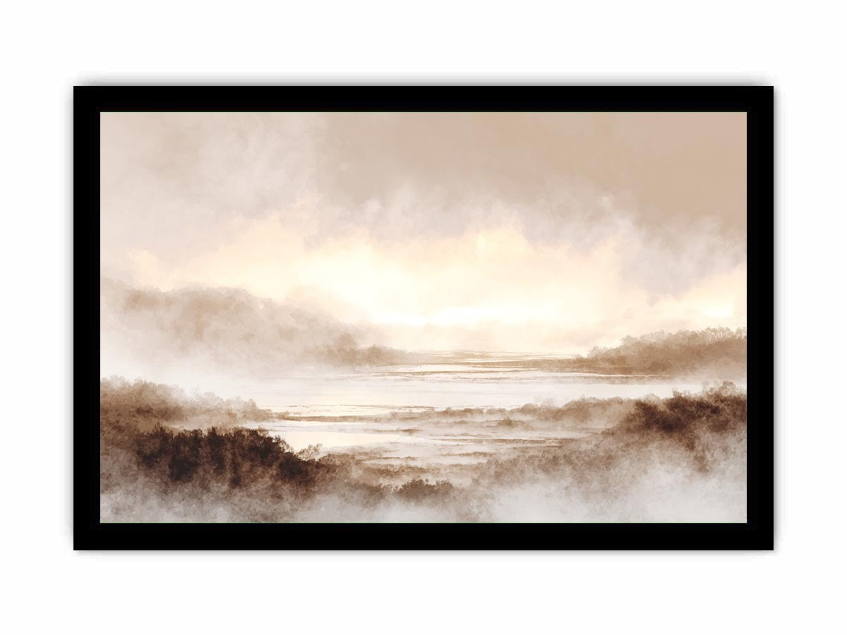 Misty valley landscape canvas print for warm traditional living room decor.