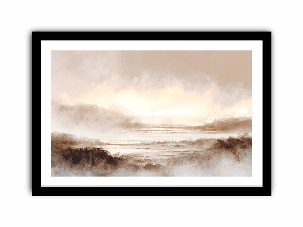 Misty valley landscape canvas print for warm traditional living room decor.