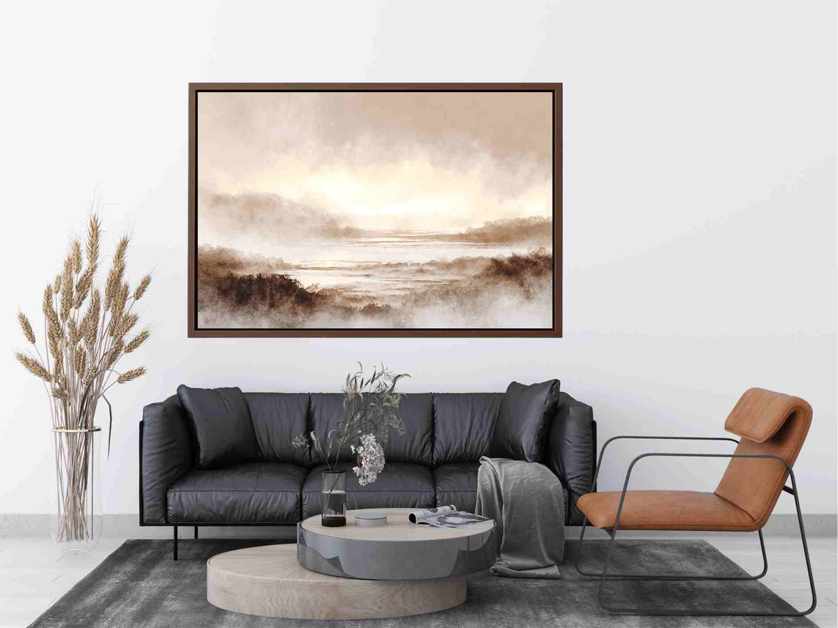 Misty valley landscape canvas print for warm traditional living room decor.