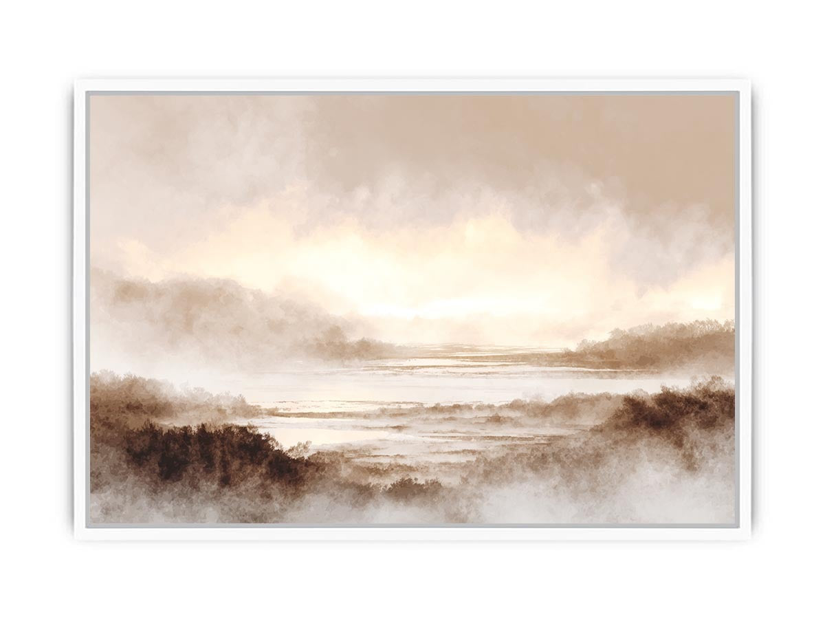 Misty valley landscape canvas print for warm traditional living room decor.