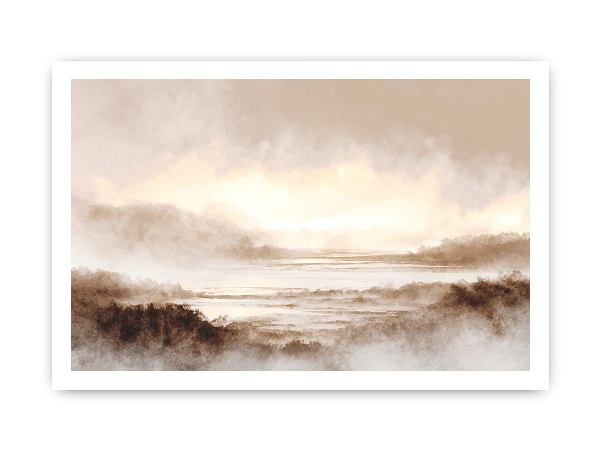 Misty valley landscape canvas print for warm traditional living room decor.