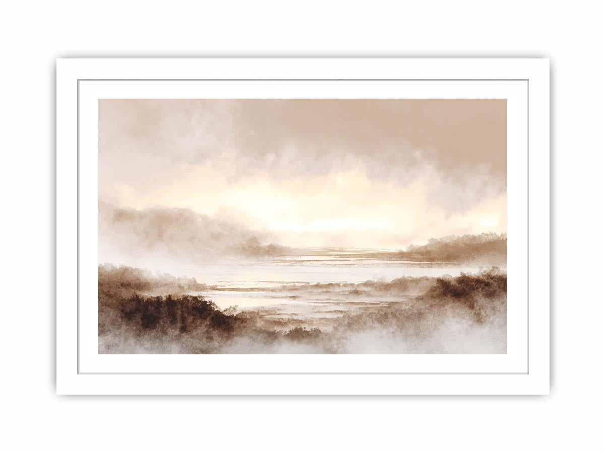 Misty valley landscape canvas print for warm traditional living room decor.