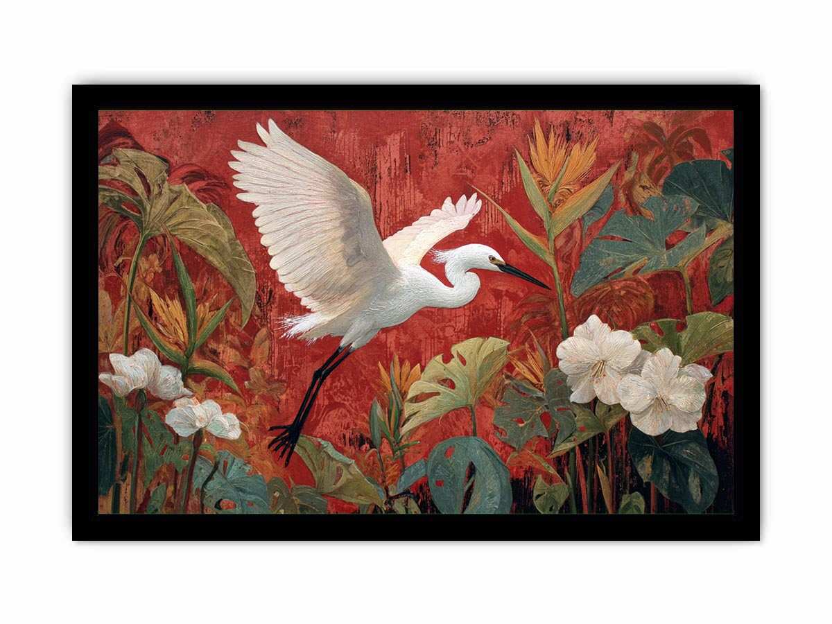 White heron flying through red tropical botanical garden canvas art for dining room decor.