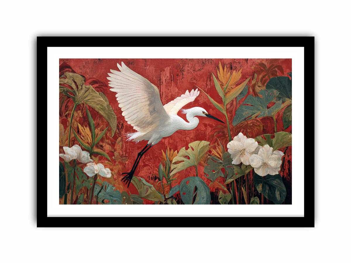 White heron flying through red tropical botanical garden canvas art for dining room decor.