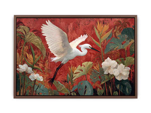 White heron flying through red tropical botanical garden canvas art for dining room decor.