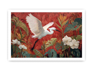 White heron flying through red tropical botanical garden canvas art for dining room decor.