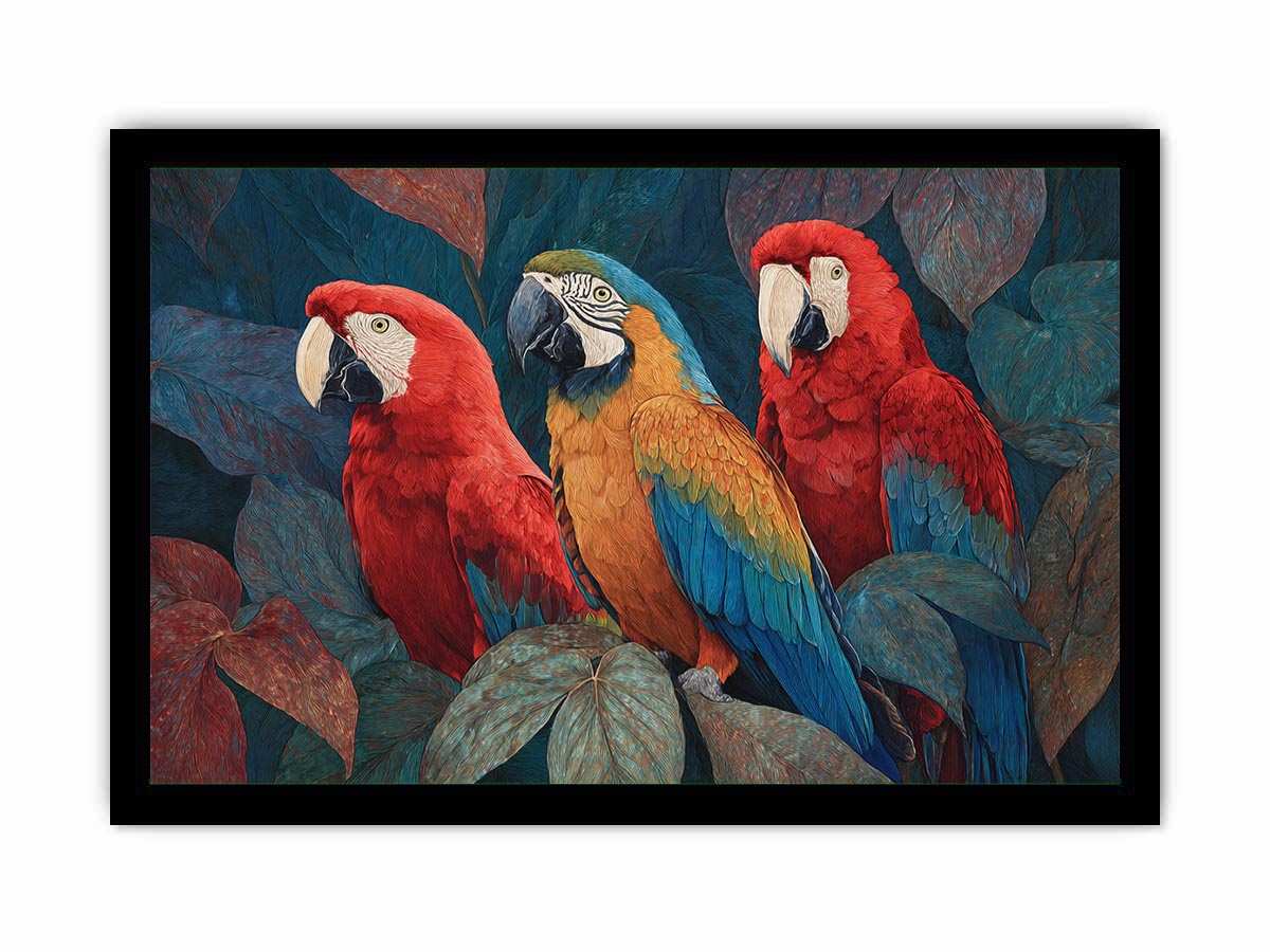 Colorful macaw parrot trio in tropical foliage canvas art for modern living room decor.