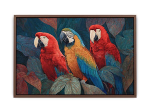 Colorful macaw parrot trio in tropical foliage canvas art for modern living room decor.