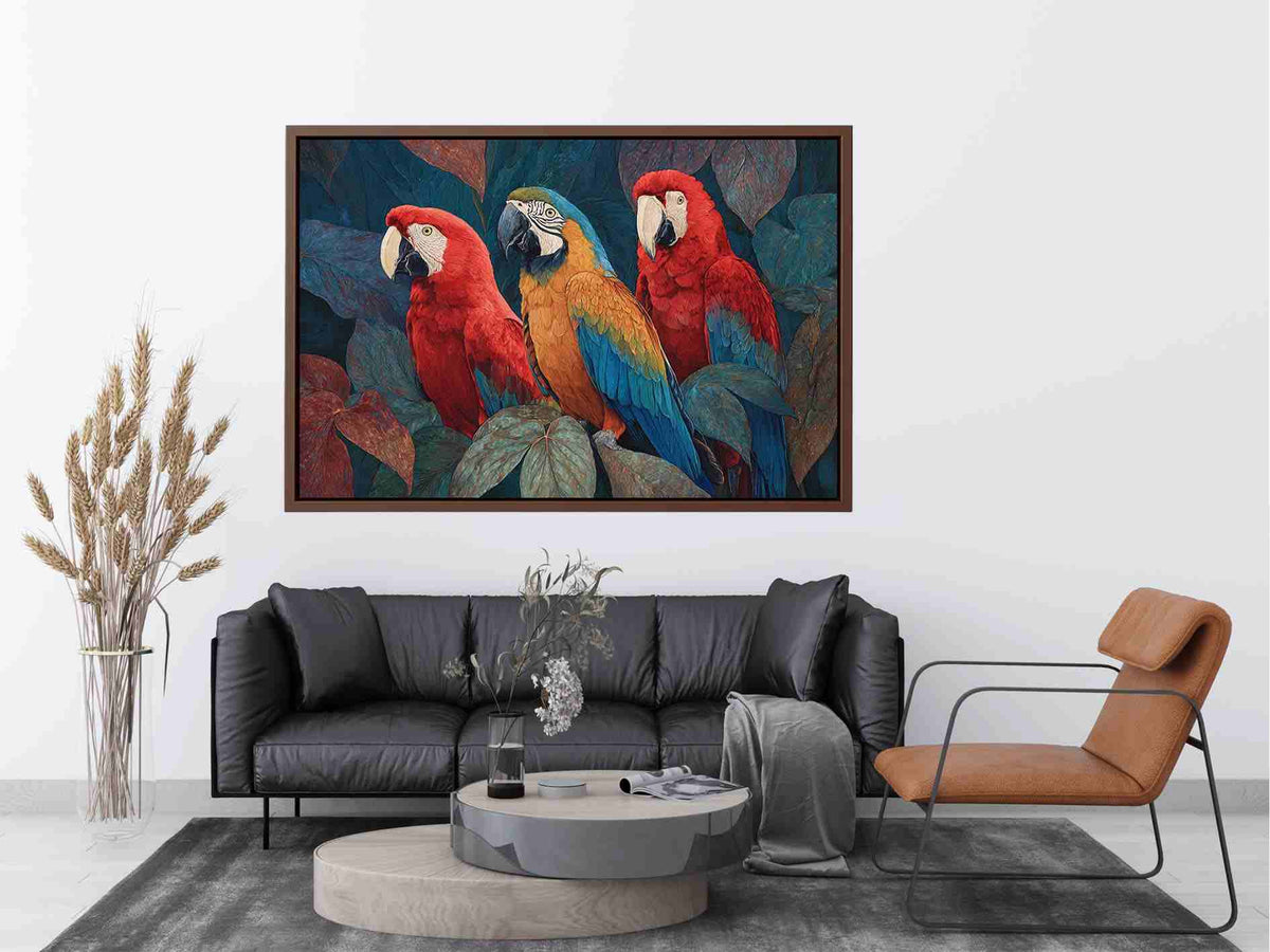 Colorful macaw parrot trio in tropical foliage canvas art for modern living room decor.