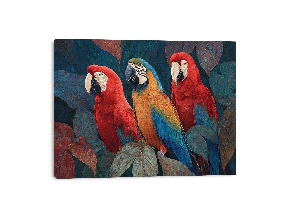 Colorful macaw parrot trio in tropical foliage canvas art for modern living room decor.