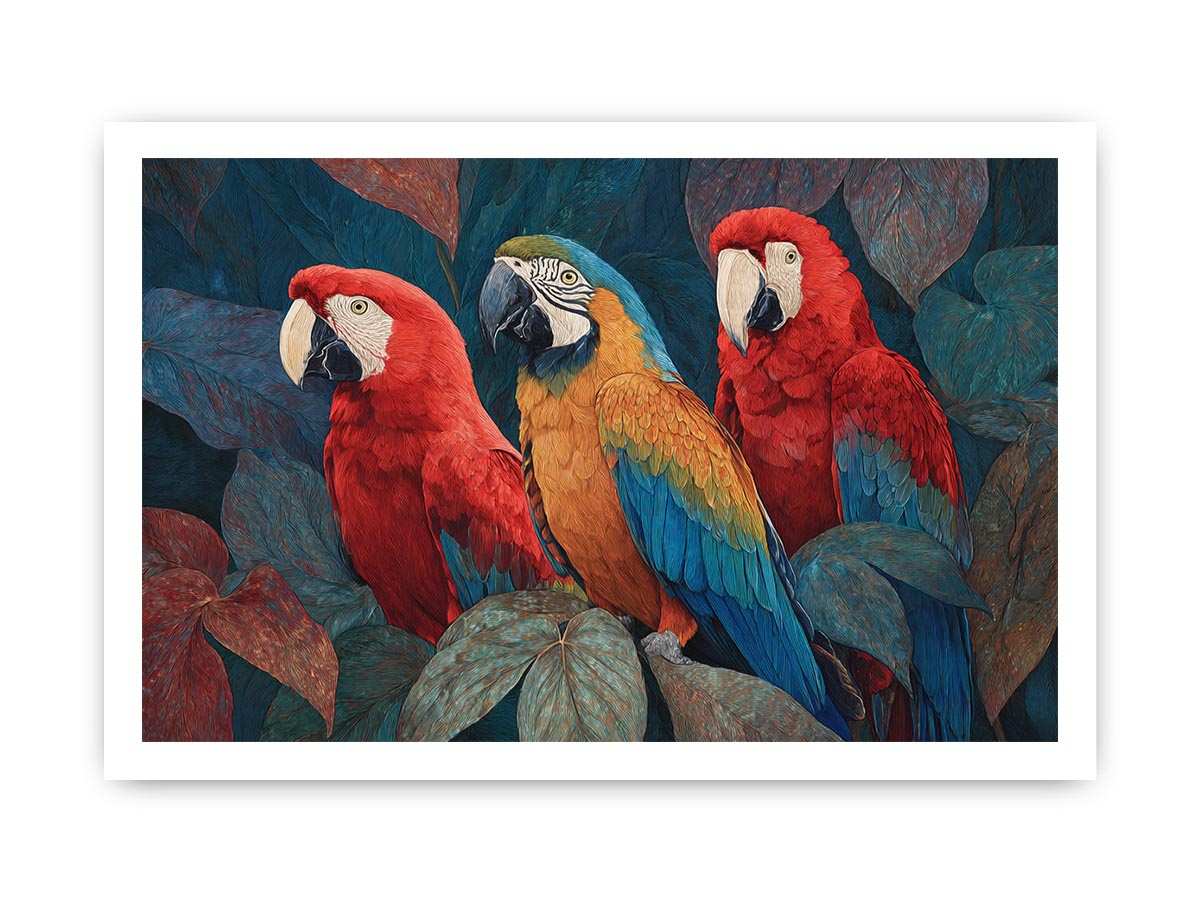 Colorful macaw parrot trio in tropical foliage canvas art for modern living room decor.