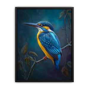 Blue kingfisher bird on branch canvas art for elegant office or bedroom decor.