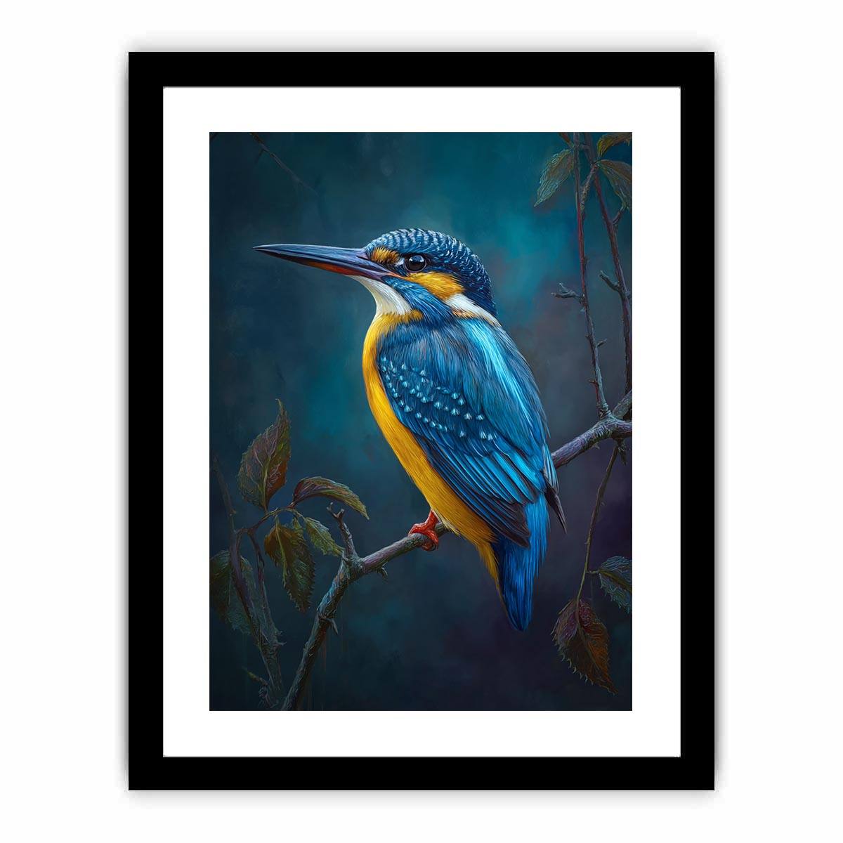 Blue kingfisher bird on branch canvas art for elegant office or bedroom decor.