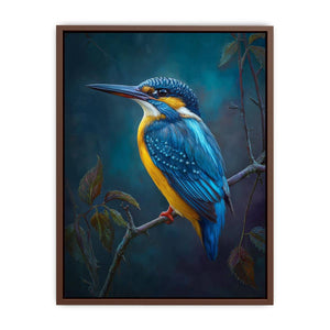 Blue kingfisher bird on branch canvas art for elegant office or bedroom decor.