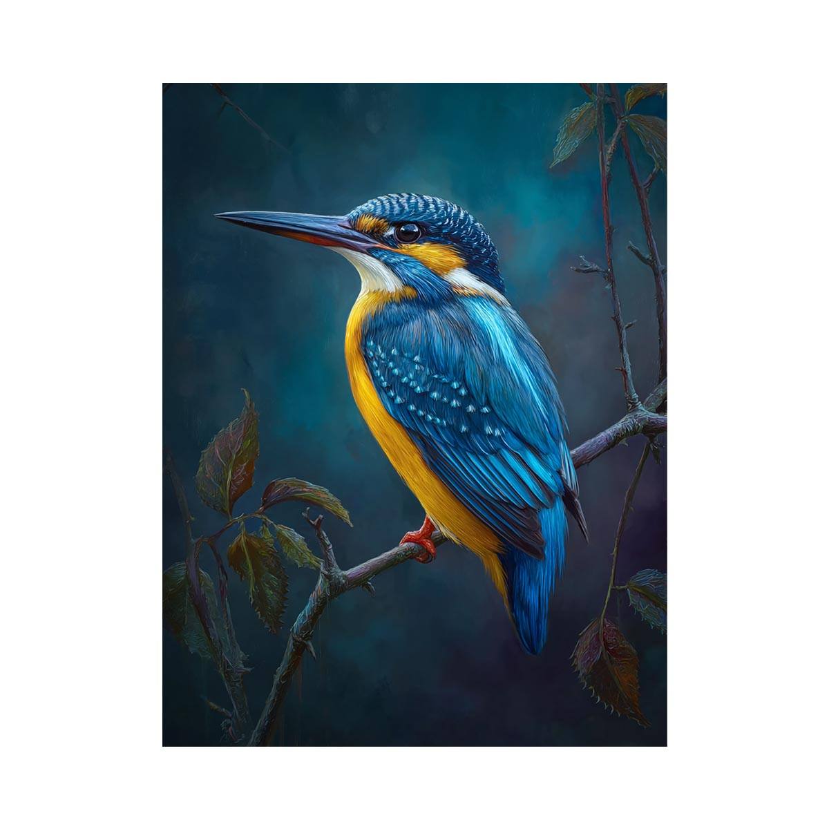Blue kingfisher bird on branch canvas art for elegant office or bedroom decor.