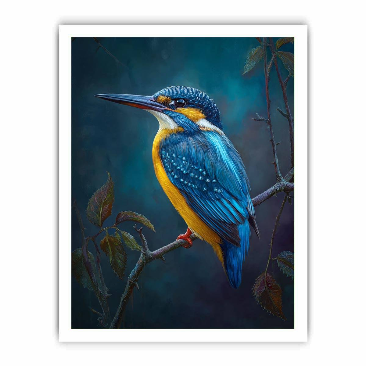 Blue kingfisher bird on branch canvas art for elegant office or bedroom decor.