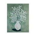 White botanical vase line art on sage green canvas print for calm bedroom decor.
