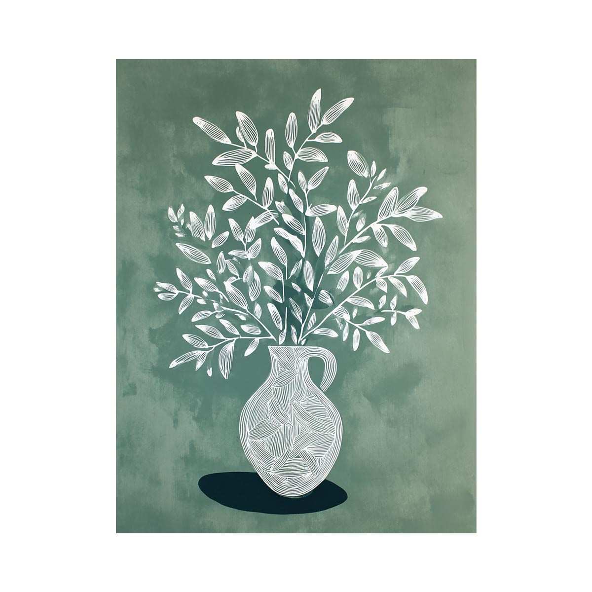 White botanical vase line art on sage green canvas print for calm bedroom decor.
