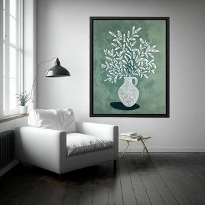 White botanical vase line art on sage green canvas print for calm bedroom decor.