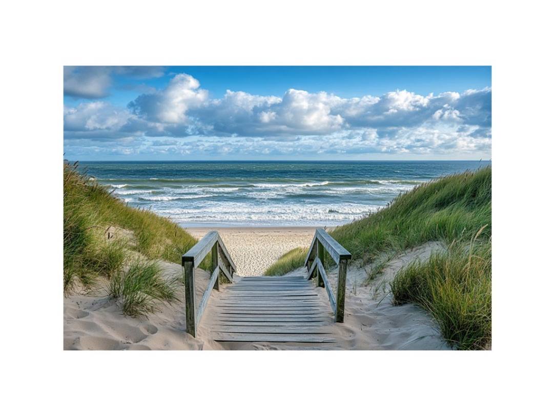Coastal beach path photography canvas for relaxed living room decor.