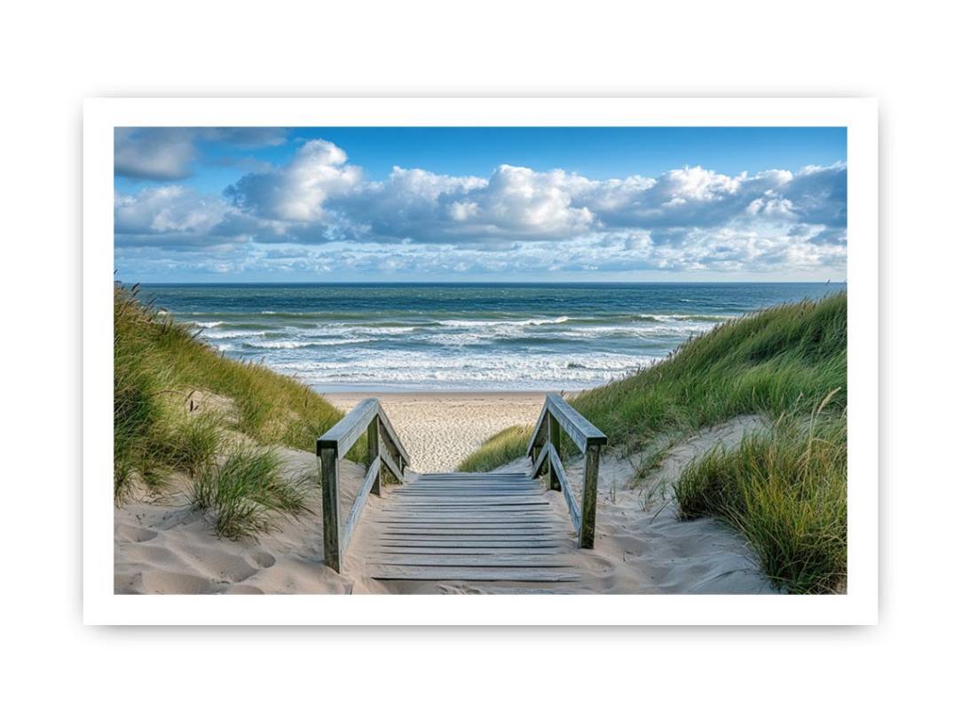 Coastal beach path photography canvas for relaxed living room decor.