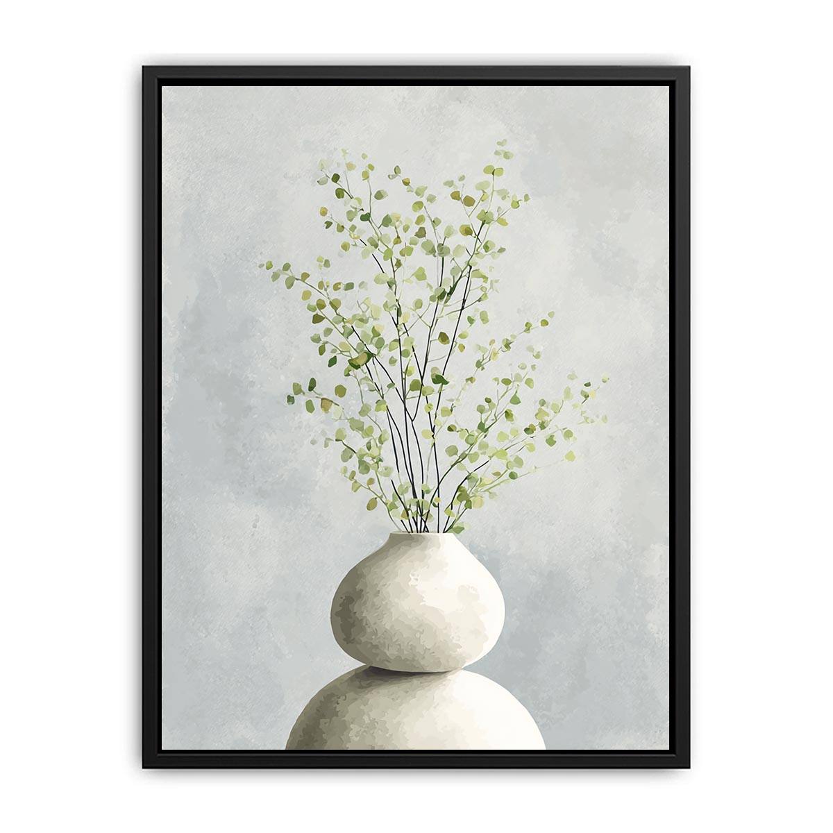 Minimal eucalyptus leaves in white vase canvas art for calm modern bedroom decor.