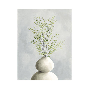 Minimal eucalyptus leaves in white vase canvas art for calm modern bedroom decor.