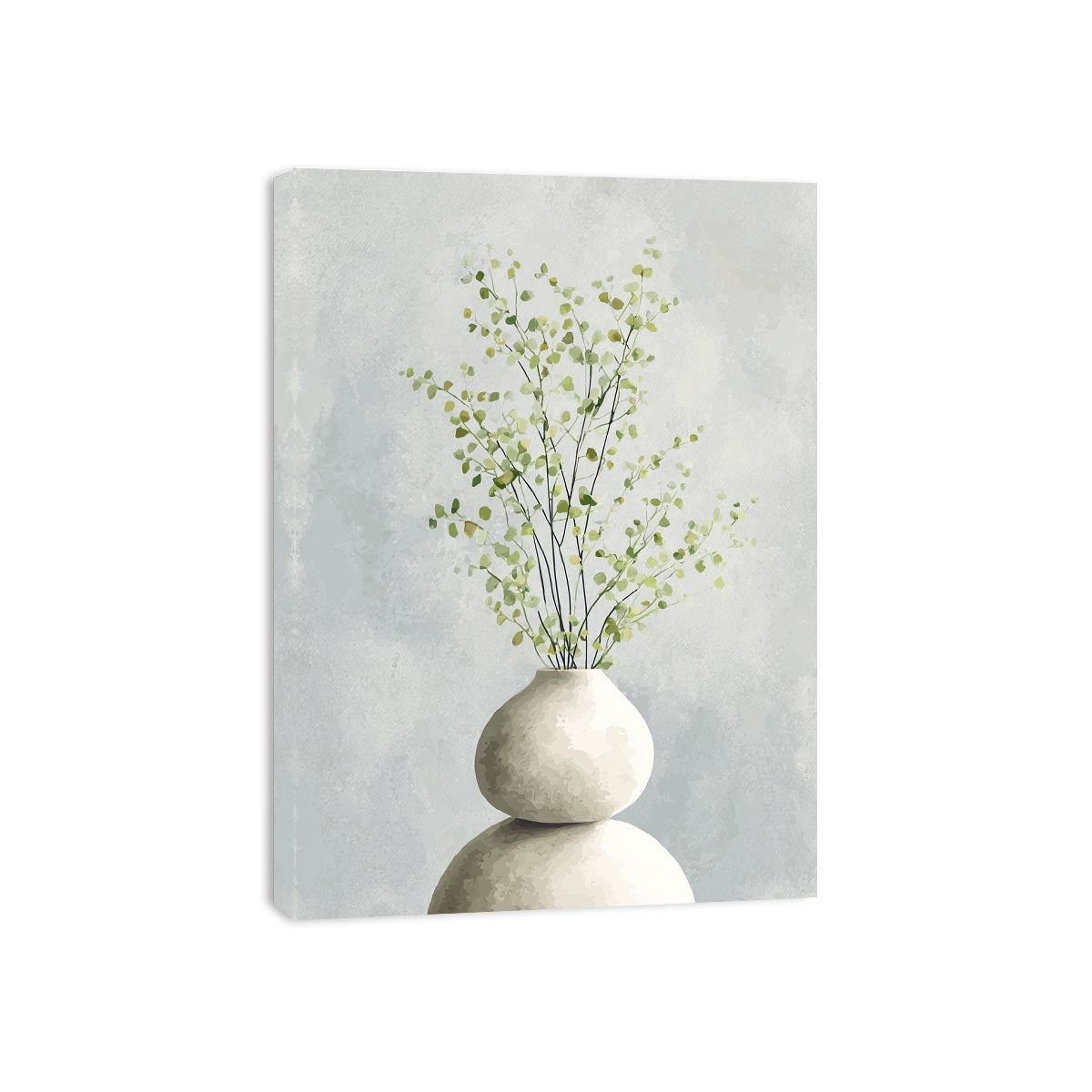 Minimal eucalyptus leaves in white vase canvas art for calm modern bedroom decor.