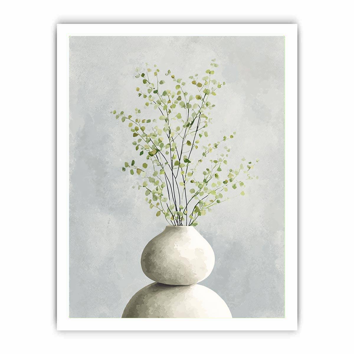 Minimal eucalyptus leaves in white vase canvas art for calm modern bedroom decor.