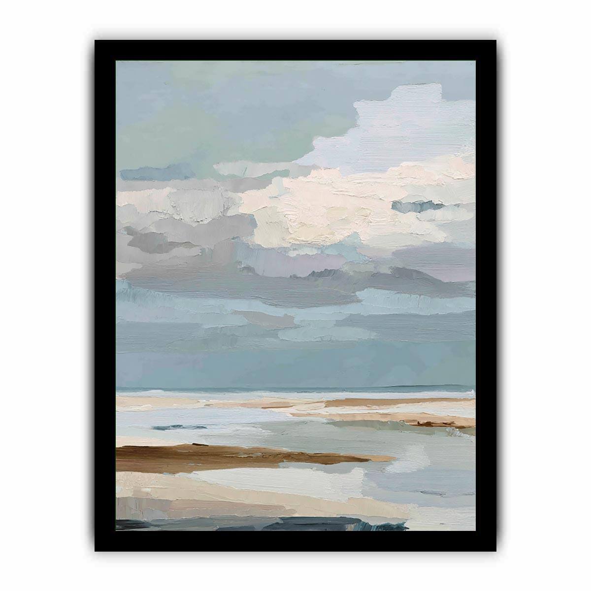 Textured coastal abstract seascape canvas art with soft blue clouds and shoreline tones for modern living room decor
