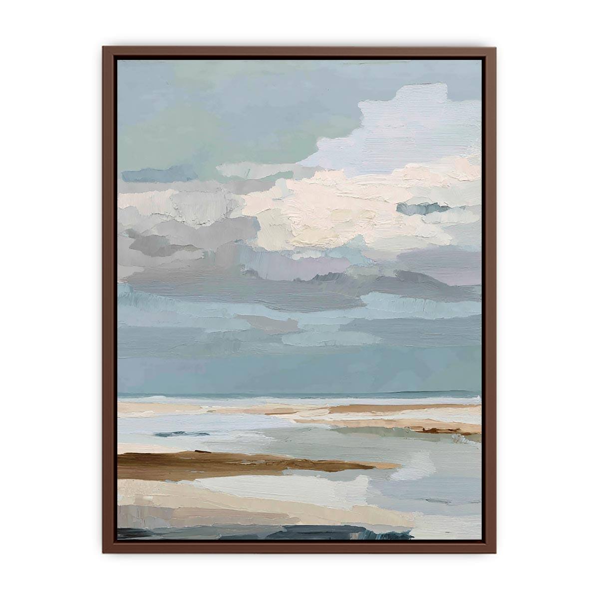 Textured coastal abstract seascape canvas art with soft blue clouds and shoreline tones for modern living room decor