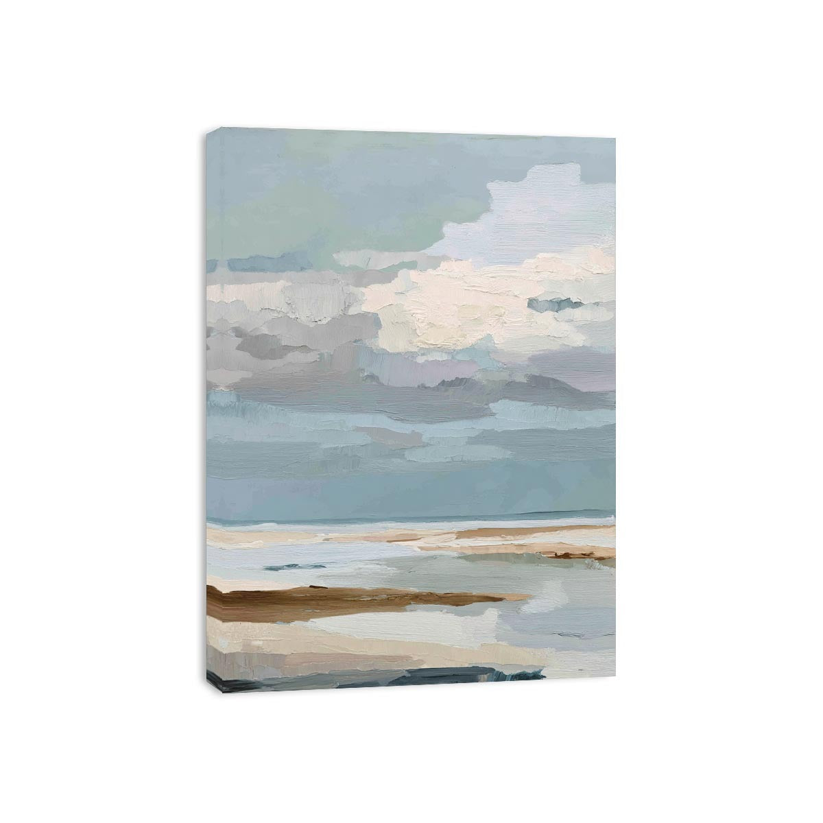 Textured coastal abstract seascape canvas art with soft blue clouds and shoreline tones for modern living room decor