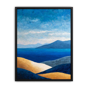 Blue coastal mountain landscape canvas art for serene modern living room decor.