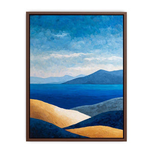 Blue coastal mountain landscape canvas art for serene modern living room decor.