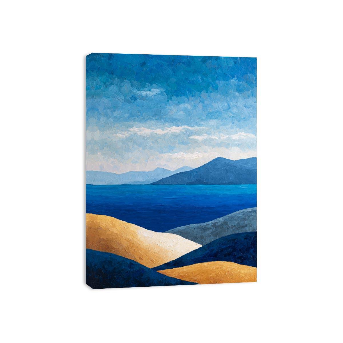 Blue coastal mountain landscape canvas art for serene modern living room decor.