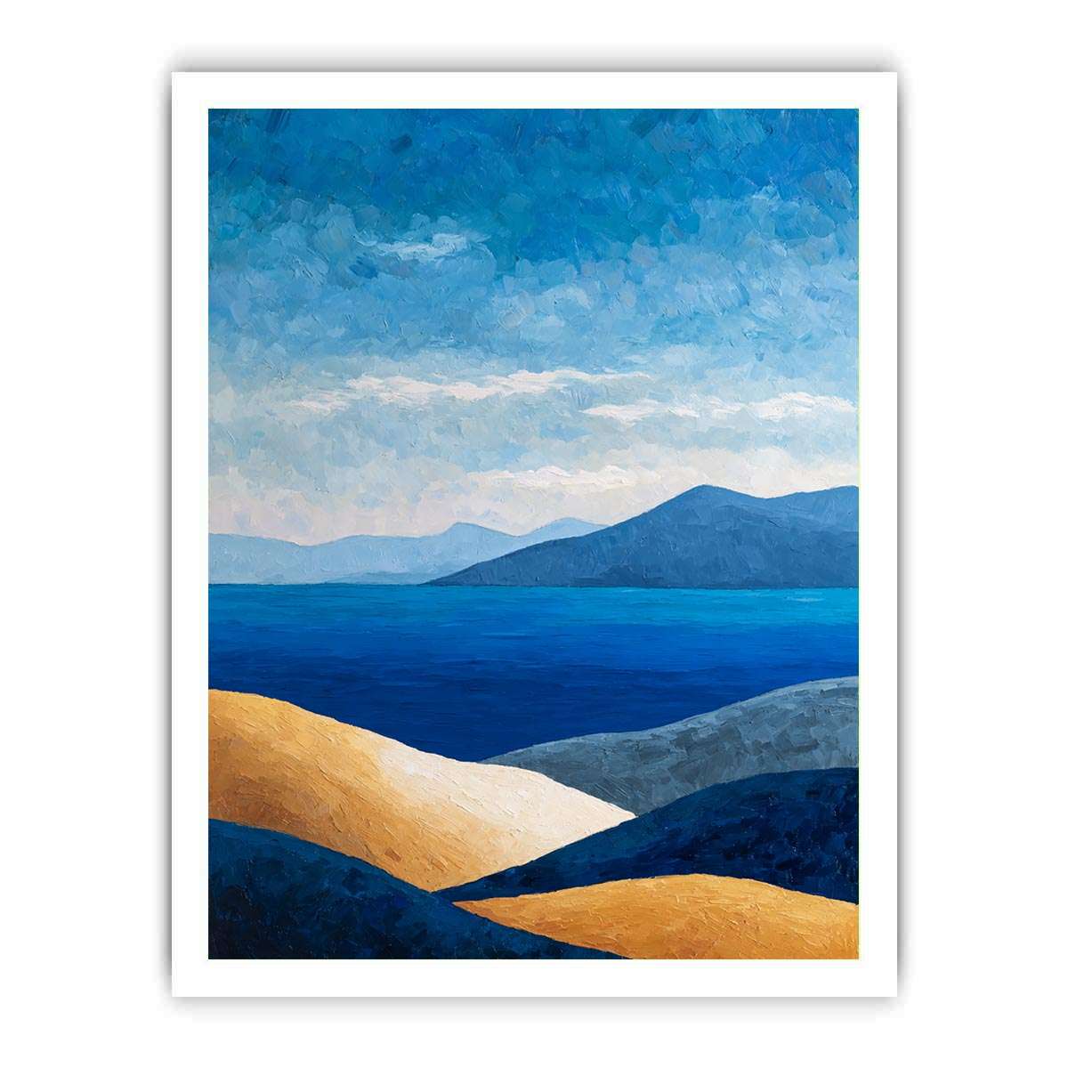 Blue coastal mountain landscape canvas art for serene modern living room decor.