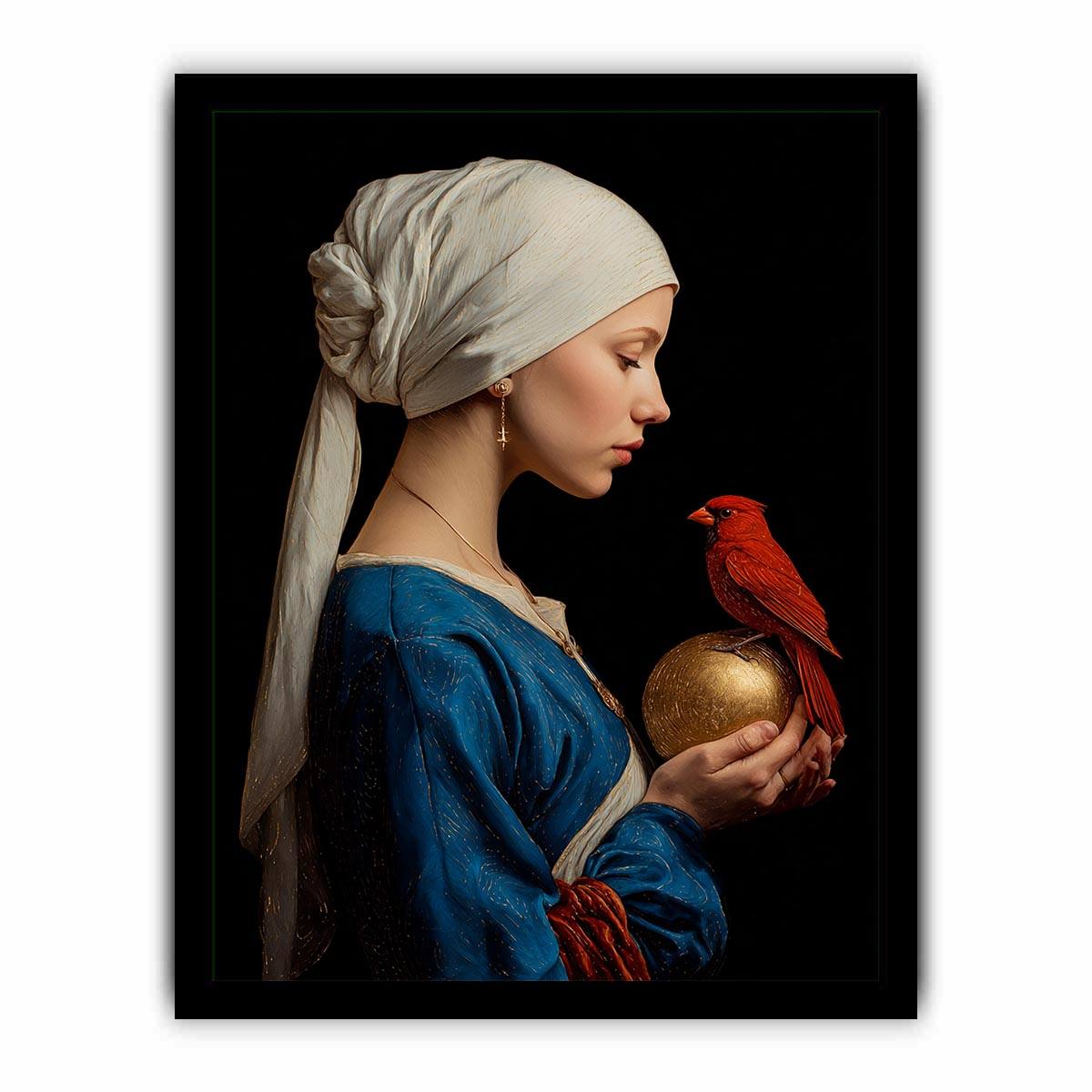 Classic woman portrait with red cardinal and gold orb canvas art for elegant room decor.