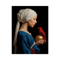 Classic woman portrait with red cardinal and gold orb canvas art for elegant room decor.