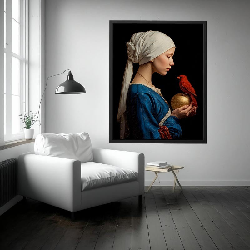 Classic woman portrait with red cardinal and gold orb canvas art for elegant room decor.