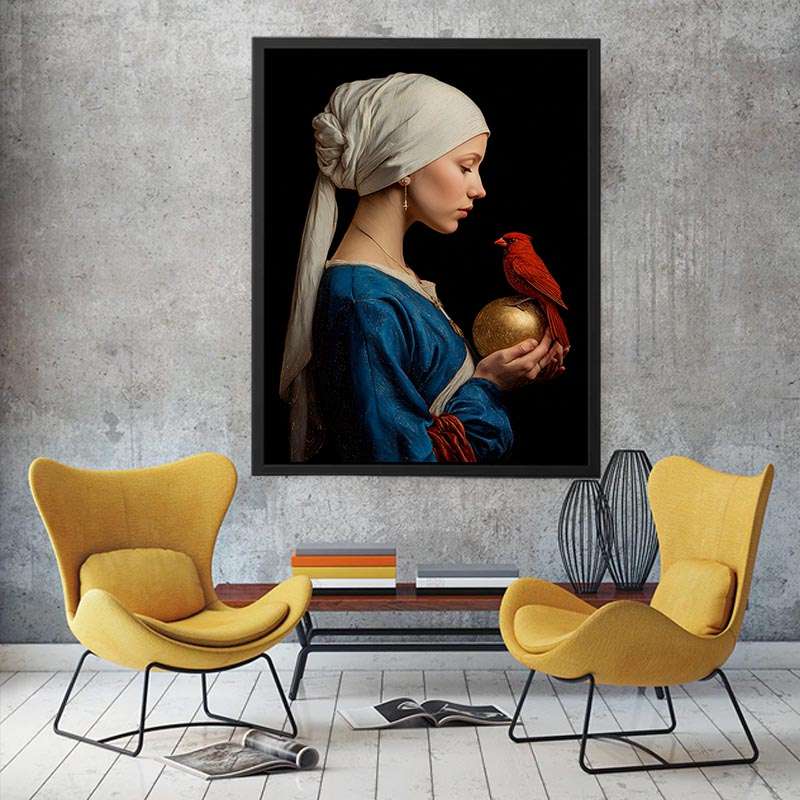 Classic woman portrait with red cardinal and gold orb canvas art for elegant room decor.