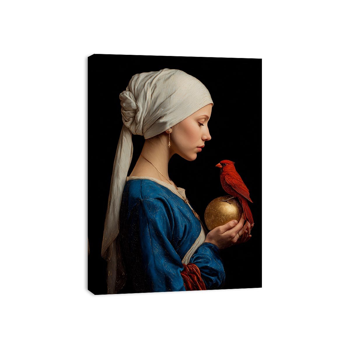 Classic woman portrait with red cardinal and gold orb canvas art for elegant room decor.