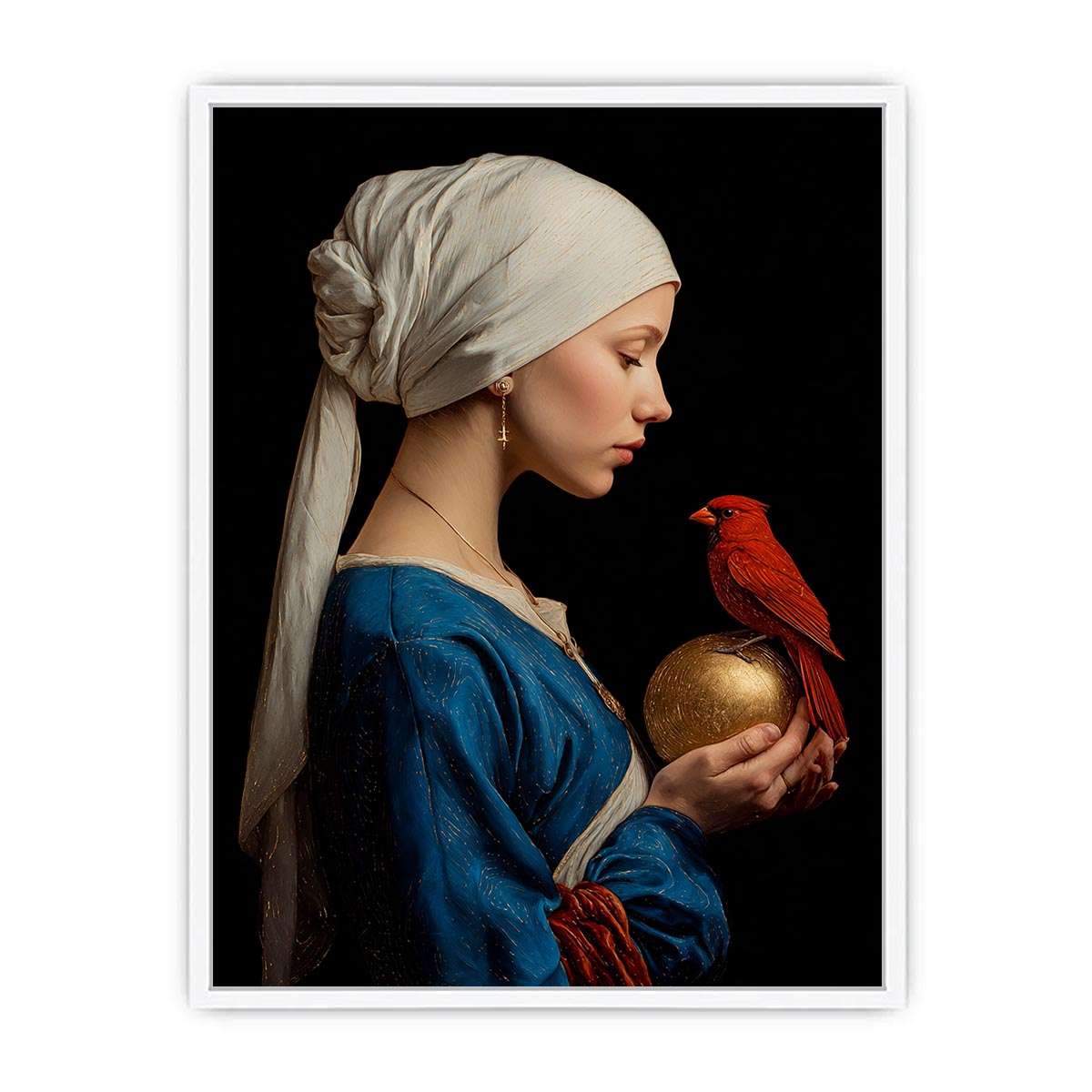 Classic woman portrait with red cardinal and gold orb canvas art for elegant room decor.