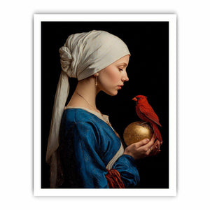Classic woman portrait with red cardinal and gold orb canvas art for elegant room decor.